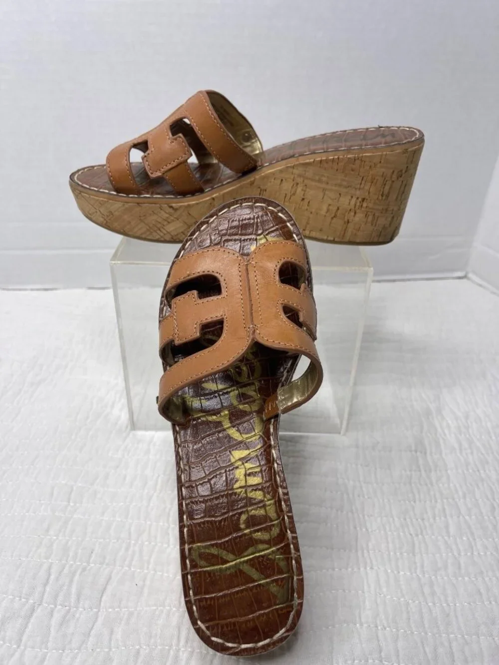 Sam Edelman Regis Tan Leather Cork Wedge Sandals Open Toe Slip-On 7M Casual
